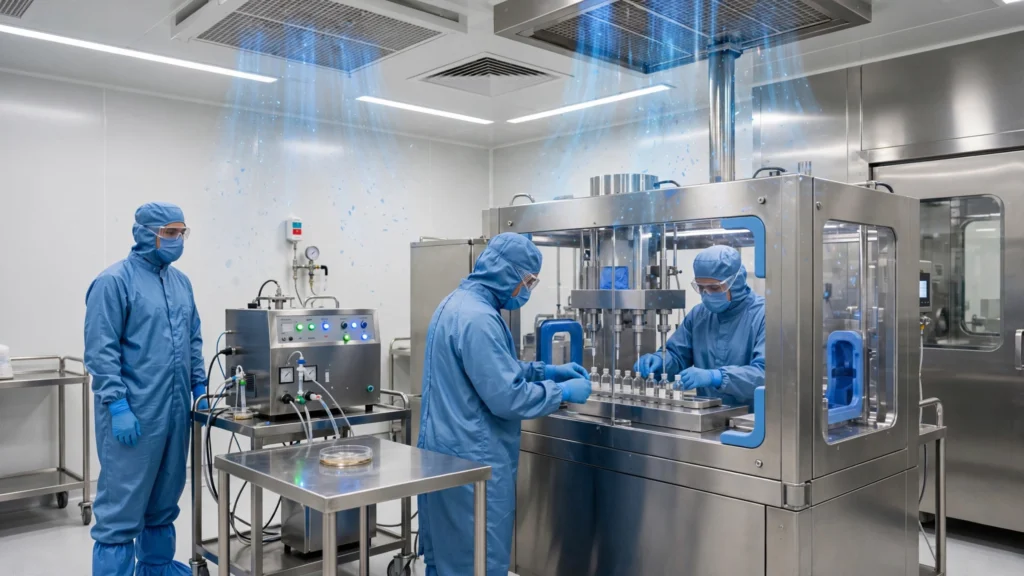 Contamination Control Strategy in pharmaceutical cleanroom manufacturing with sterile gowning and environmental monitoring
