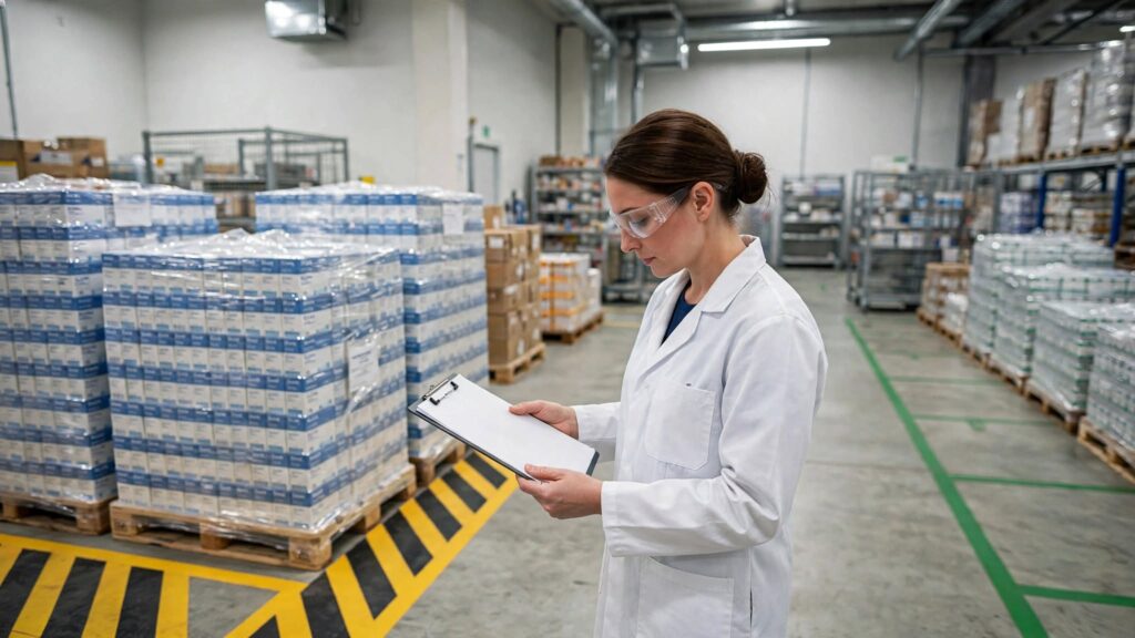 Qualified Person reviewing batch documentation under quarantine control in Irish MIA licensed GMP warehouse before EU batch release