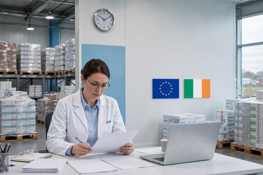 Qualified Person reviewing batch documentation for EU pharmaceutical batch release in MIA-authorised warehouse in Ireland with EU and Irish flags