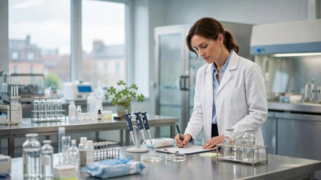 Pharmaceutical QA professional documenting checks in a laboratory