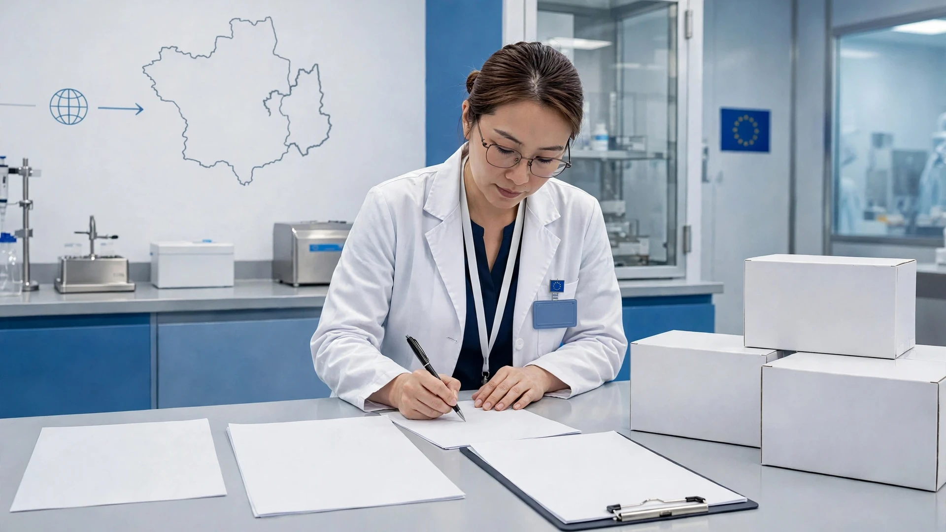 Quality professional completing import documentation for pharmaceutical batches at EU MIA holder site, with globe to Ireland supply chain graphic on wall